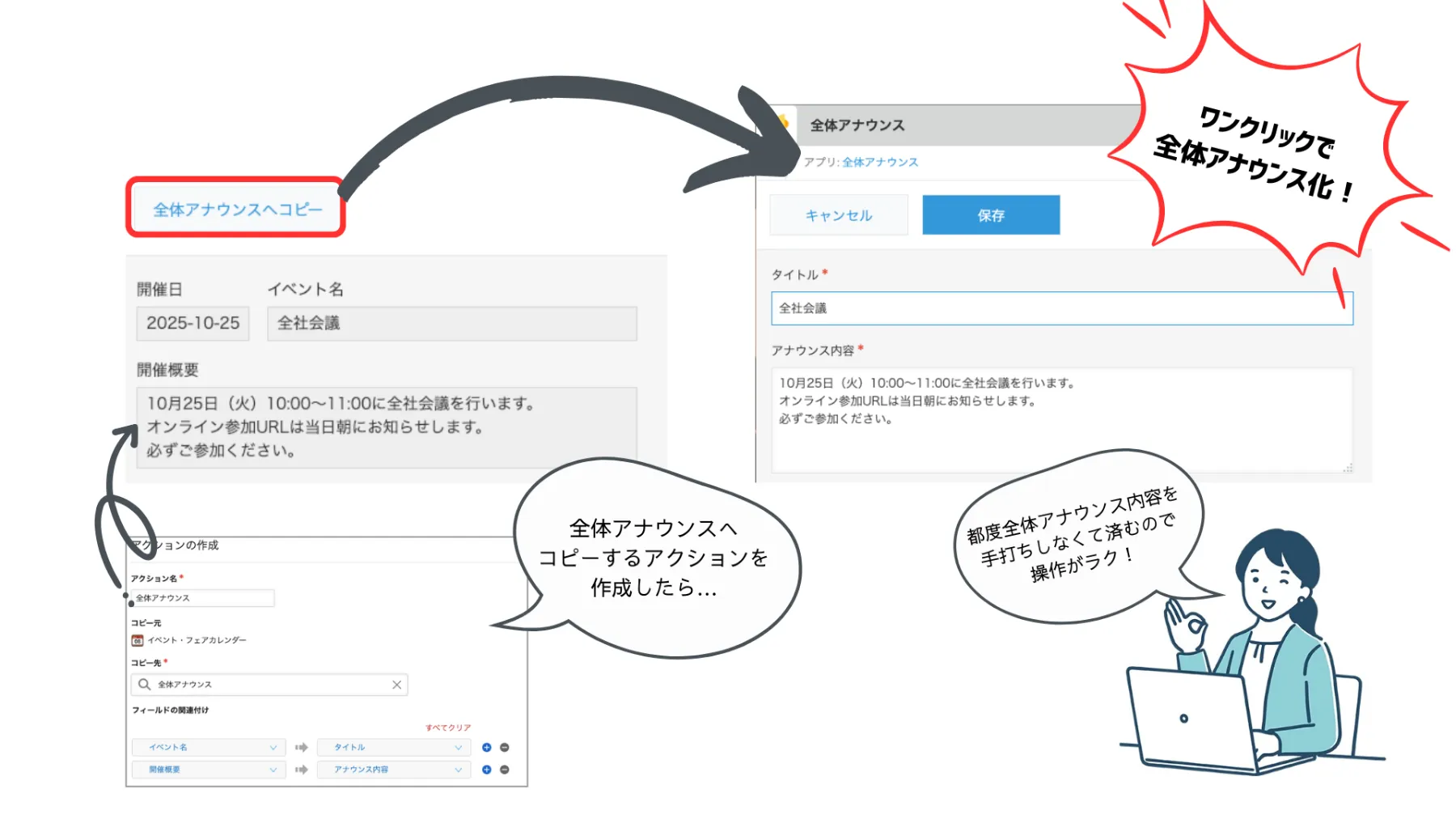 kintoneのアクション機能で他アプリから全体アナウンスに情報を転記する画面