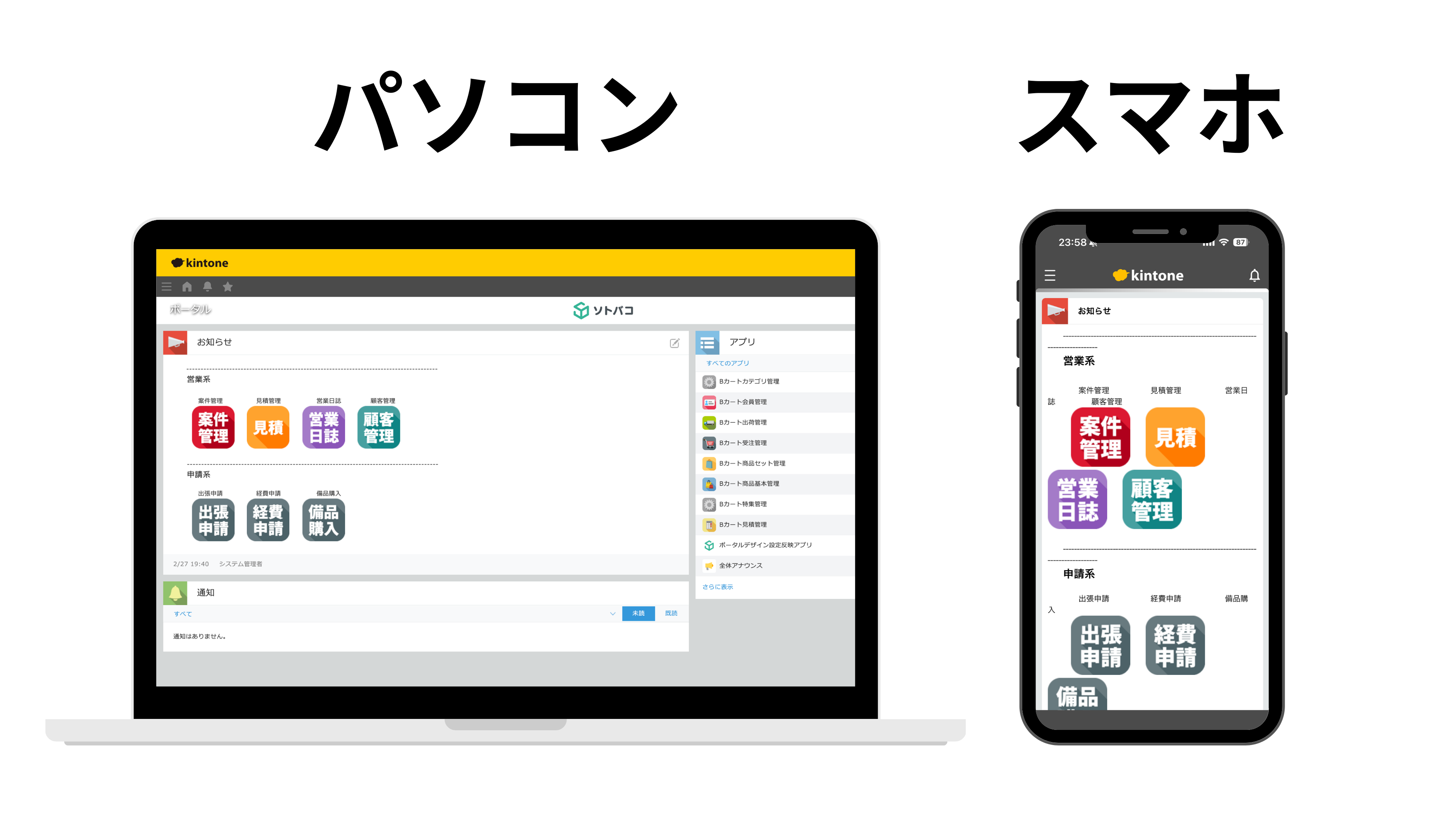kintoneのお知らせ掲示板：PC版とスマホ版の表示比較